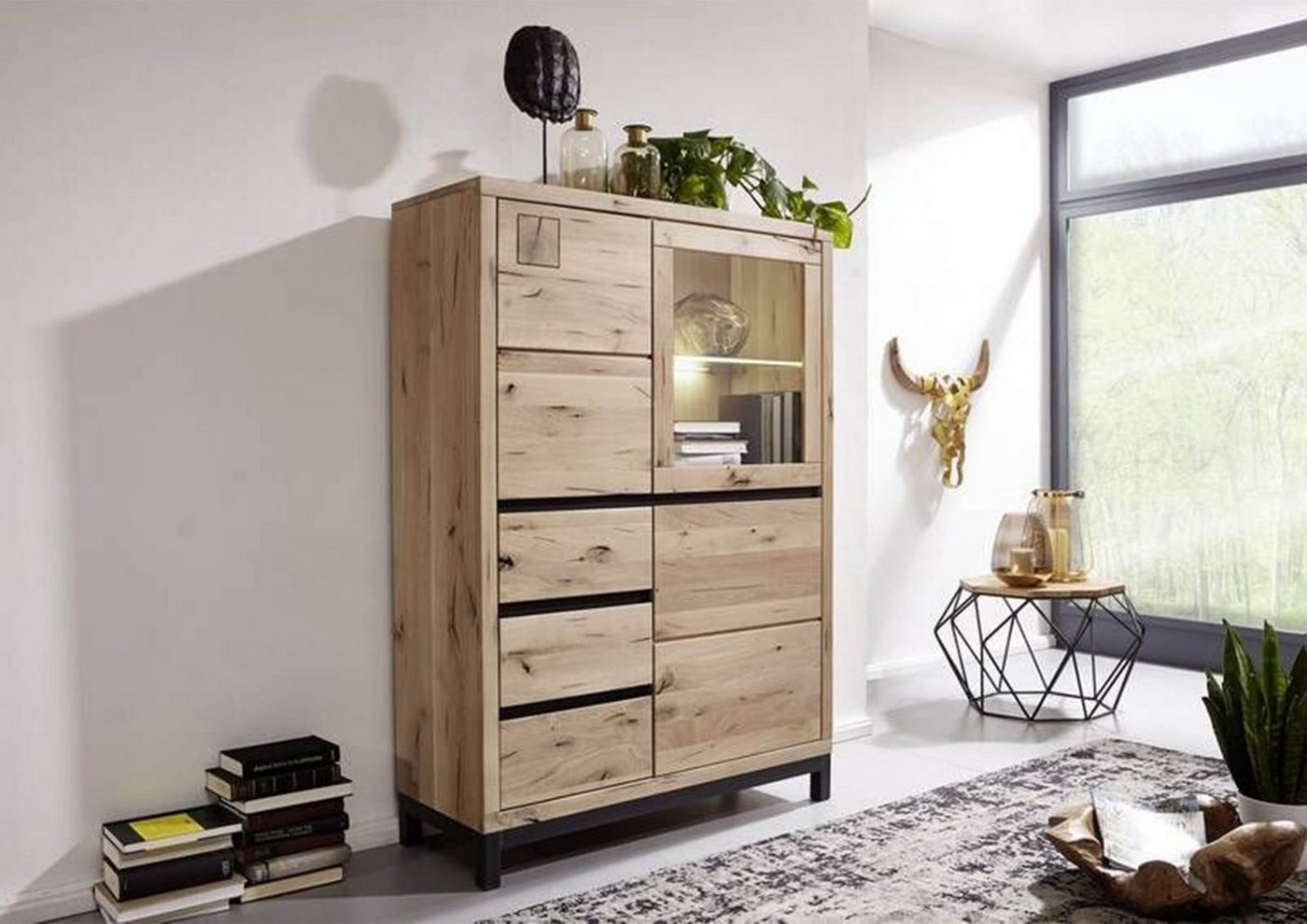 Massivmoebel24 Highboard Highboard Wildeiche 103x40x148 bianco geölt VILLANDERS #206 von Massivmoebel24