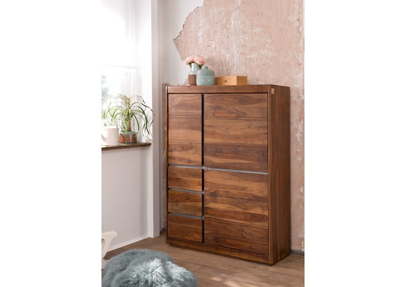 Massivmoebel24 Highboard SYDNEY (Modernes Highboard für viel Stauraum, mit Türen und Schubladen, inklusive metallischer Zierleiste, in braun lackiert 102x40x147 Sheesham montiert) von Massivmoebel24