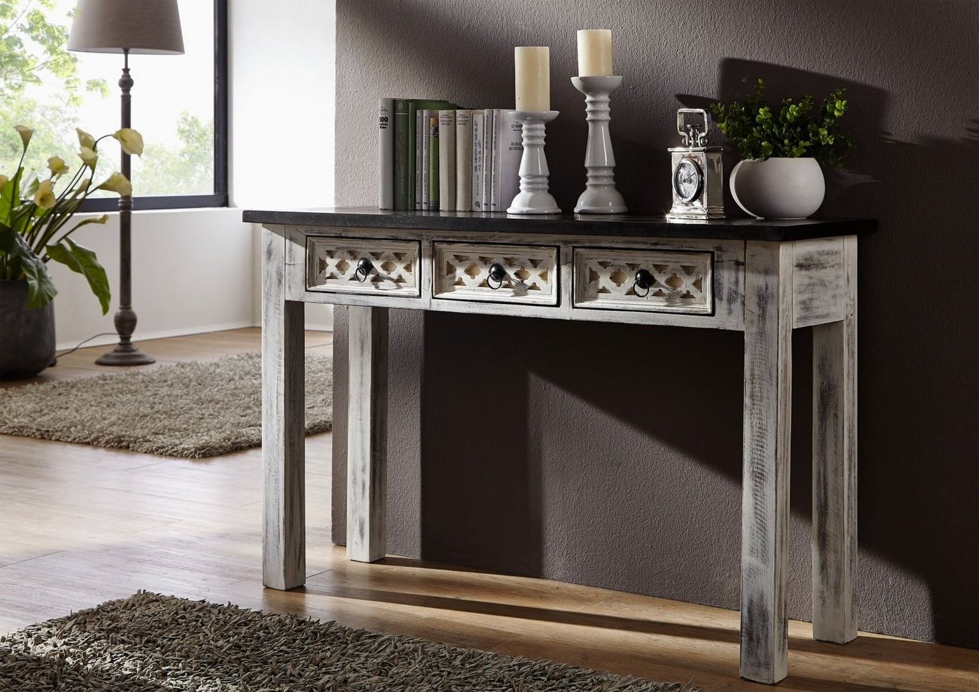Massivmoebel24 Konsolentisch CASTLE-ANTIK (Konsolentisch im antik historischen Design, mit romantischen Schnitzereien, inklusive 3 Schubladen, weiß und braun gewachst 120x40x76 Mango / Akazie montiert), Schnitzereien,Verzierungen,Used-Optik,Landhausstil,shabby chic, Massivmoebel24 Konsolentisch CASTLE-ANTIK (Konsolentisch im antik historischen Design, mit romantischen Schnitzereien, inklusive 3 Schubladen, weiß und braun gewachst 120x40x76 Mango / Akazie montiert), Schnitzereien,Verzierungen,Used-Optik,Landhausstil,shabby chic, von Massivmoebel24