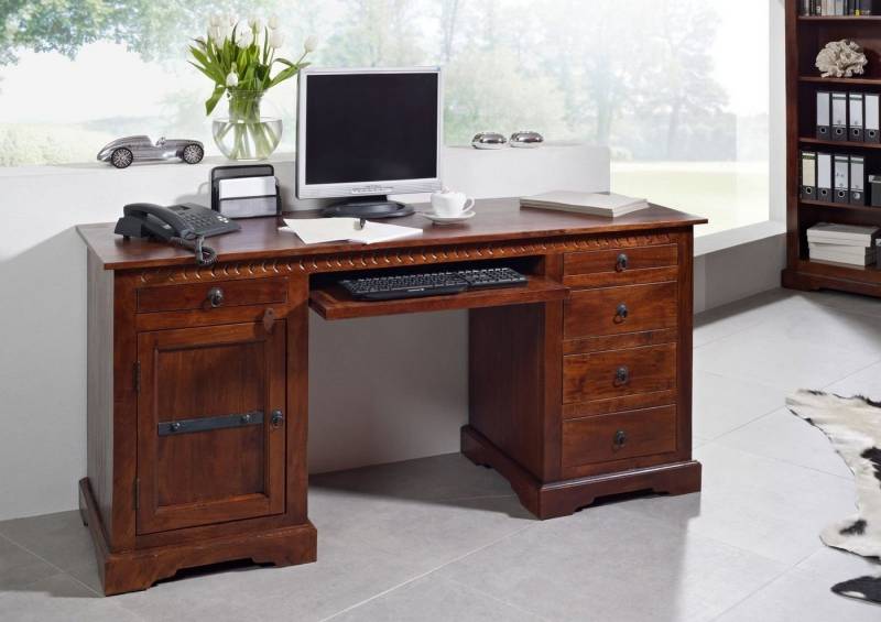 Massivmoebel24 Schreibtisch Schreibtisch Akazie 158x54x76 nougat lackiert OXFORD #522 von Massivmoebel24