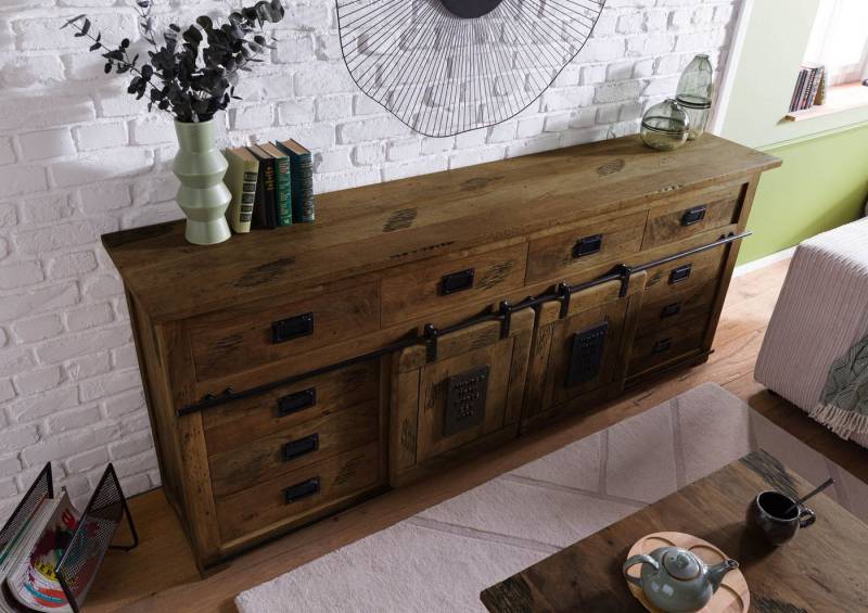 Massivmoebel24 Sideboard (Sideboard Mango 220x45x90 braun lackiert RAILWAY #492) von Massivmoebel24