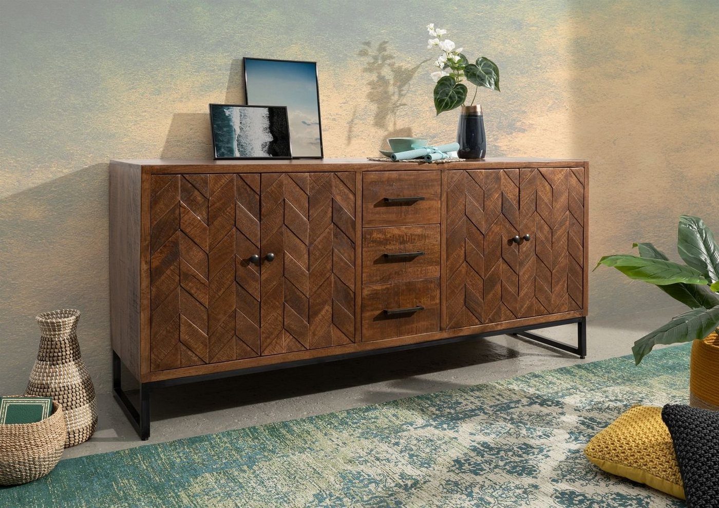 Massivmoebel24 Sideboard Sideboard Mango 183x46x86 braun lackiert STILMÖBEL #106 von Massivmoebel24