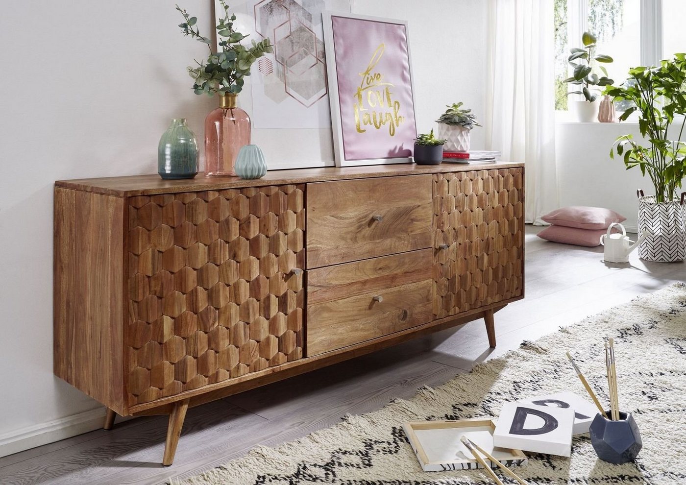 Massivmoebel24 Sideboard Sideboard Akazie 180x42x75 natur lackiert MOSAYK #100 von Massivmoebel24