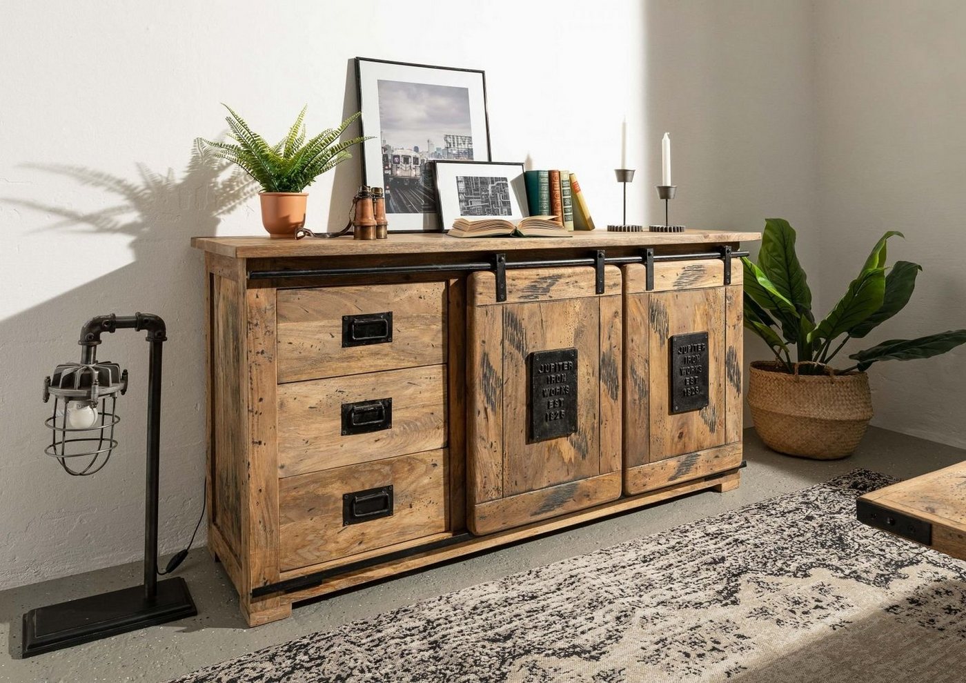 Massivmoebel24 Sideboard Sideboard Mango 150x45x80 natur lackiert RAILWAY #100 von Massivmoebel24