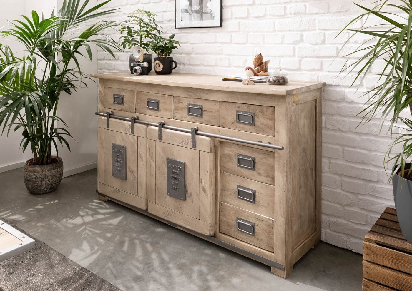 Massivmoebel24 Sideboard Sideboard Mango 150x45x90 whitewash lackiert RAILWAY #320 von Massivmoebel24