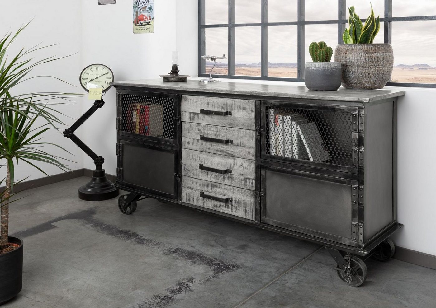 Massivmoebel24 Sideboard Sideboard Mango 153x40x80 grau lackiert HEAVY INDUSTRY #153 von Massivmoebel24