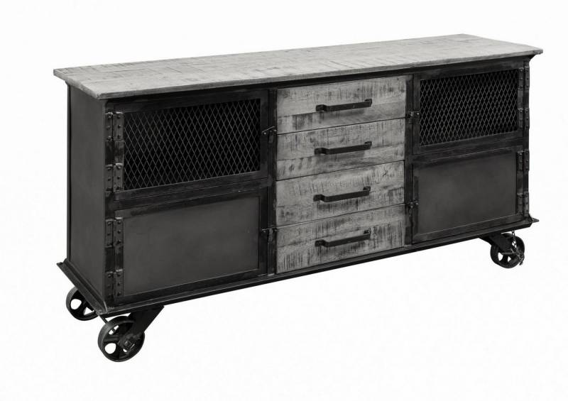 Massivmoebel24 Sideboard (Sideboard Mango 153x40x80 grau lackiert HEAVY INDUSTRY #153) von Massivmoebel24