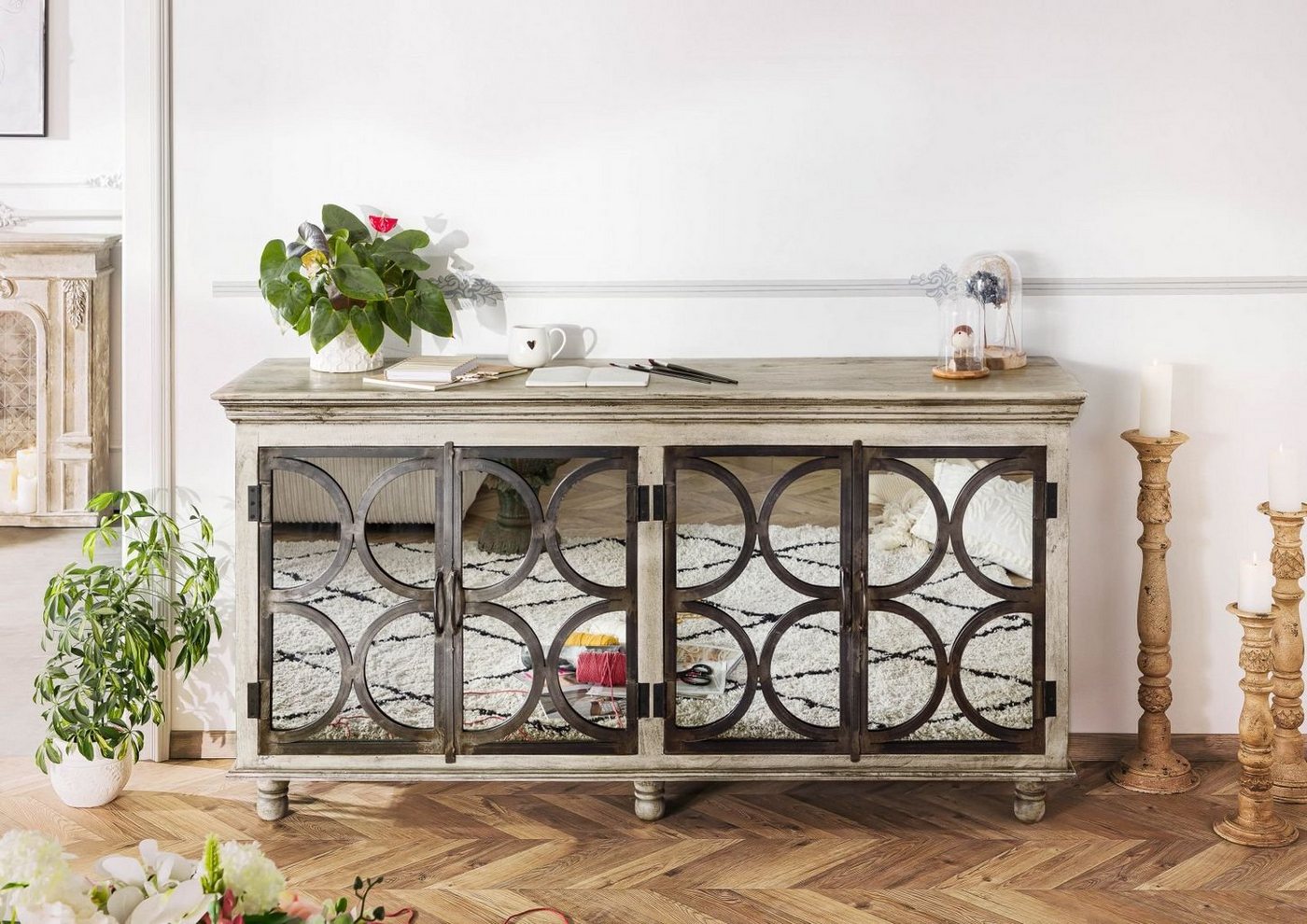 Massivmoebel24 Sideboard Sideboard Mango 183x46x92 grau lackiert HERMITAGE #010 von Massivmoebel24