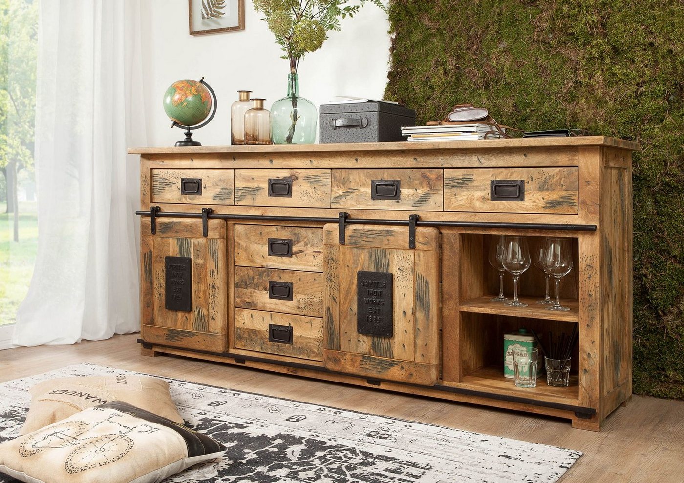 Massivmoebel24 Sideboard Sideboard Mango 200x45x90 natur lackiert RAILWAY #122 von Massivmoebel24