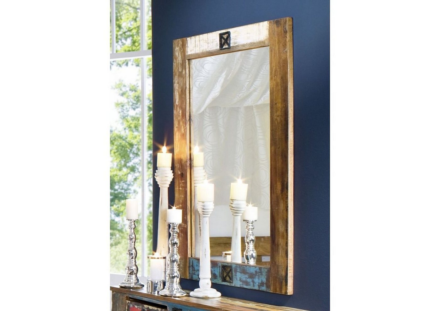 Massivmoebel24 Spiegel (1-St., Spiegel Altholz 120x80x3 mehrfarbig lackiert NATURE OF SPIRIT #04), Spiegel Altholz 120x80x3 mehrfarbig lackiert NATURE OF SPIRIT #04 von Massivmoebel24