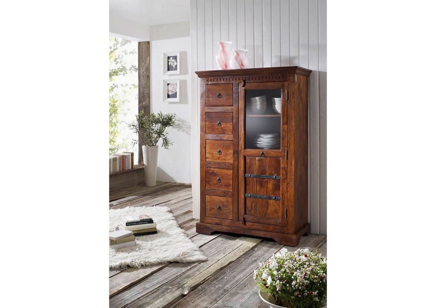 Massivmoebel24 Standvitrine Vitrine Akazie 95x45x147 nougat lackiert OXFORD #417 von Massivmoebel24