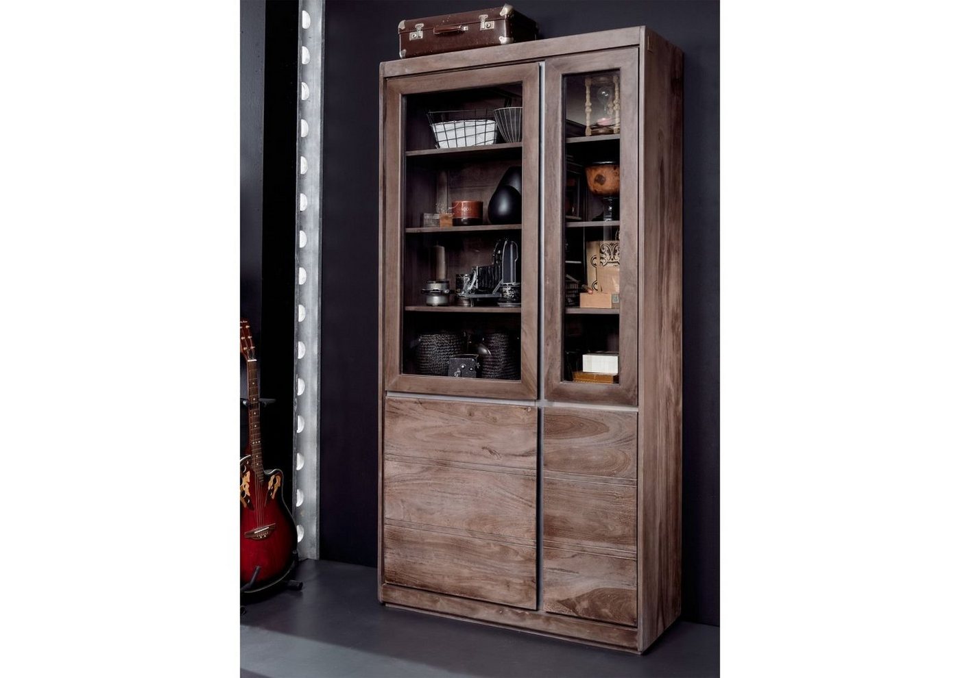 Massivmoebel24 Standvitrine Vitrine Sheesham 102x40x205 smoked oak lackiert SYDNEY #201 von Massivmoebel24