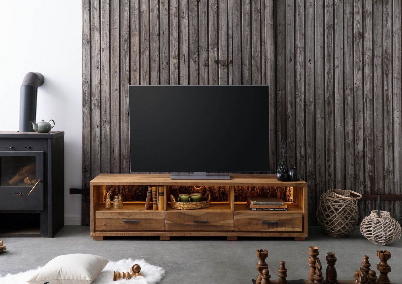 Massivmoebel24 TV-Board Akazie 175x40x47 natur lackiert BARK #117 von Massivmoebel24