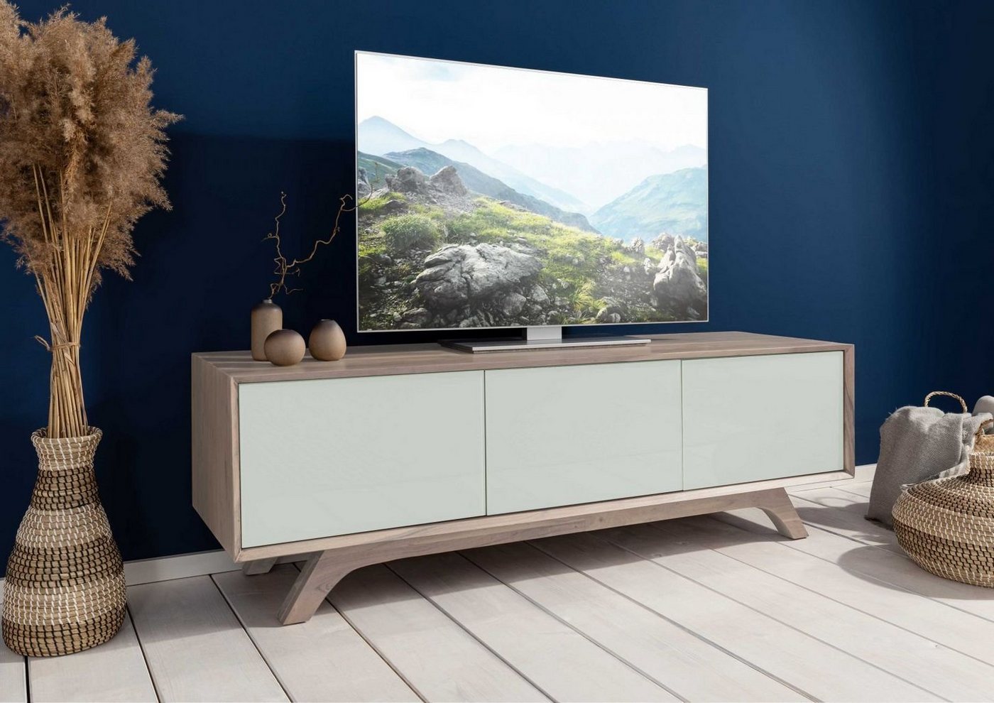 Massivmoebel24 TV-Board TV-Board Akazie 160x45x50 braun-weiß lackiert TROMSO #104 von Massivmoebel24