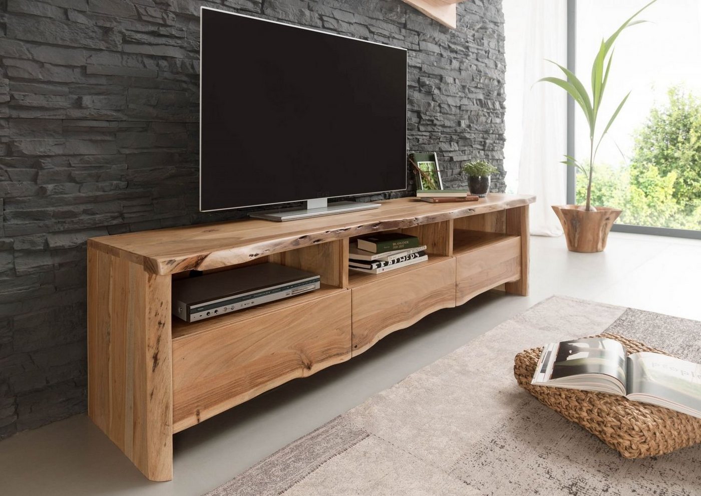 Massivmoebel24 TV-Board TV-Board Akazie 191x45x50 natur lackiert PURE ACACIA #109 von Massivmoebel24