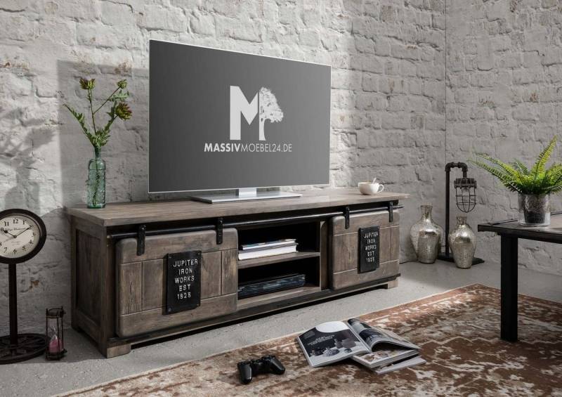 Massivmoebel24 TV-Board TV-Board Mango 160x45x50 grau lackiert RAILWAY #201 von Massivmoebel24