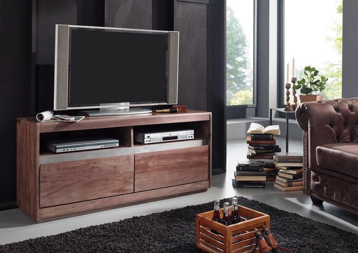 Massivmoebel24 TV-Board TV-Board Sheesham 133x40x60 smoked oak lackiert SYDNEY #241 von Massivmoebel24