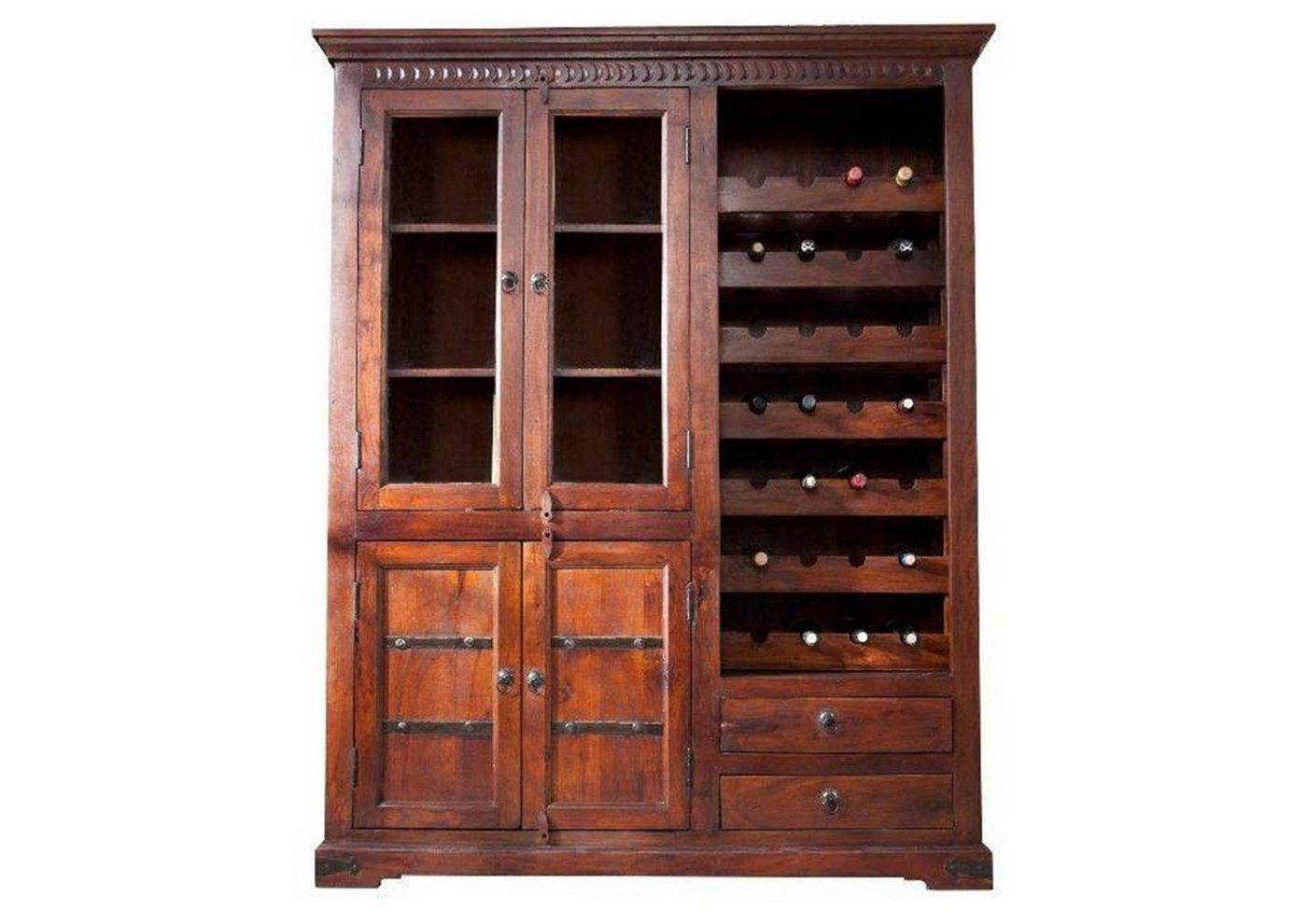 Massivmoebel24 Weinschrank #519 (Weinschrank Akazie 144x47x180 nougat lackiert OXFORD #519) von Massivmoebel24
