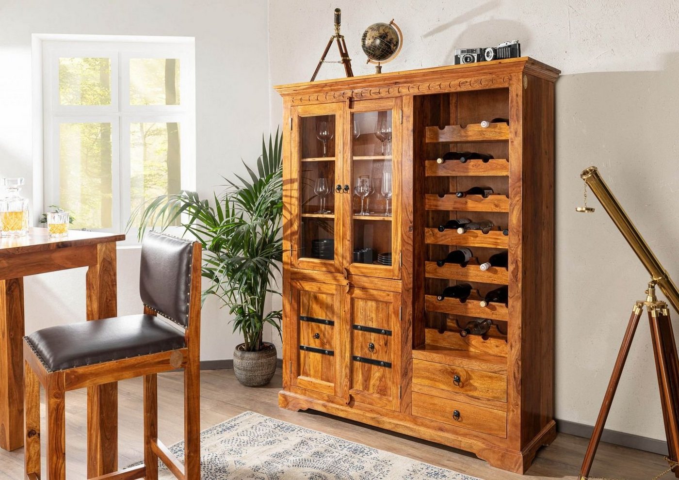 Massivmoebel24 Weinschrank Weinschrank Akazie 144x47x180 honig  lackiert OXFORD #0519 von Massivmoebel24