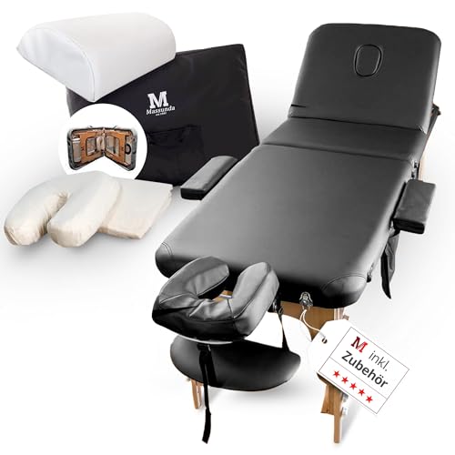 MASSUNDA – Mobile 3 Zonen Massageliege klappbar & höhenverstellbar – Stabiler Massagetisch aus Vollholz – All-Inkl. Massagebank mit ergonomischer Kopfstütze, Bezug, Armlehne, Kissen (Schwarz) von MASSUNDA