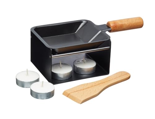 Artesà Mini-Raclette-Grill Einzelset für 1-2 Personen, Metallgestell, antihaftbeschichtete Pfännchen, Holzspatel und 2 Kerzen, Schwarz / Beige von Artesa