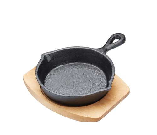 Artesa Kleine Bratpfanne, Gusseisen, antihaftbeschichtet, mit Holzbrett, Grillpfanne, Bratpfanne mit Ständer, für Fajitas, BBQ, Omelette, Tapas und Desserts, 13 cm Durchmesser von Artesa