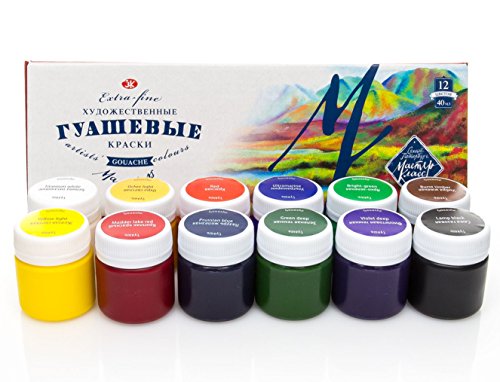 Nevskaya Palitra Profi Gouache Farben Set - 12 x 40 ml Näpfchen - feine Gouache Malerei, Master Class - Hochwertige Farben von Master Class