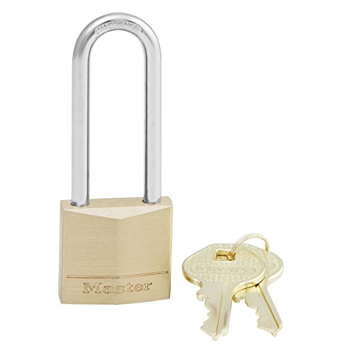 Master Lock 130EURDLJ Schlüssel Vorhängeschloss aus Massivmessing und langer Bügel, Gold, 9,7 x 3 x 1,2 cm von Master Lock