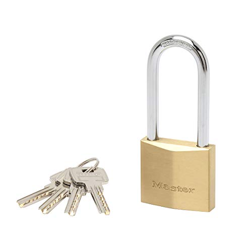 Master Lock 2950EURDLJ Schlüssel Vorhängeschloss aus extradickem Massivmessing und Länger Bügel, Gold, 11,5 x 5 x 1,7 cm von Master Lock
