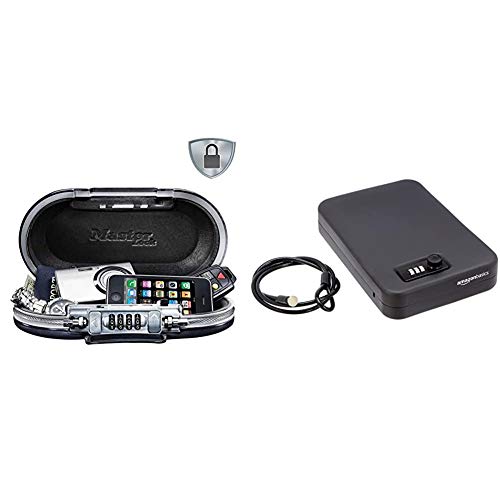 MASTER LOCK Tragbarer Tresor [Zahlenschloss] [mit Kabel] [Schwarz] 5900EURD – Sichern Sie Ihre Wertgegenstände auf Reisen & Amazon Basics - Tragbare Sicherheitsbox mit Zahlenschloss, extra-groß von Master Lock