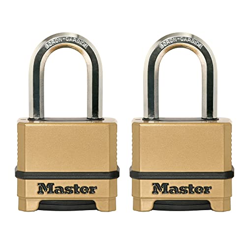 Master Lock, Strapazierfähiges wetterfestes Vorhängeschloss, rückstellbares Zahlenschloss für den Außenbereich, 2 Stück, M175LFEC2, Gold von Master Lock