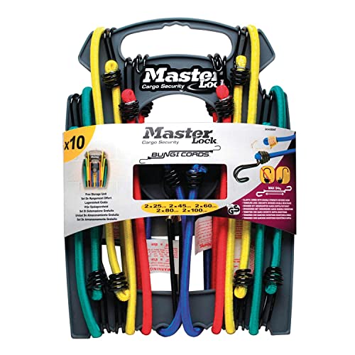 Master Lock Gummi-Spannseile mit Haken ,Set mit 10 Spannseilen, 2 x 25 cm + 2 x 45 cm + 2 x 60 cm + 2 x 80 cm + 2 x 100 cm, Doppelter Invershaken, 3043EURDAT von Master Lock