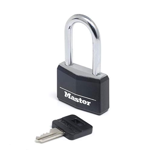 Master Lock 9140EURDBLKLF Vorhängeschloss Mittlerer Bügel mit Schlüssel aus Aluminium mit Vinylabdeckung, Schwarz, 4 x 7,6 x 1,3 cm von Master Lock