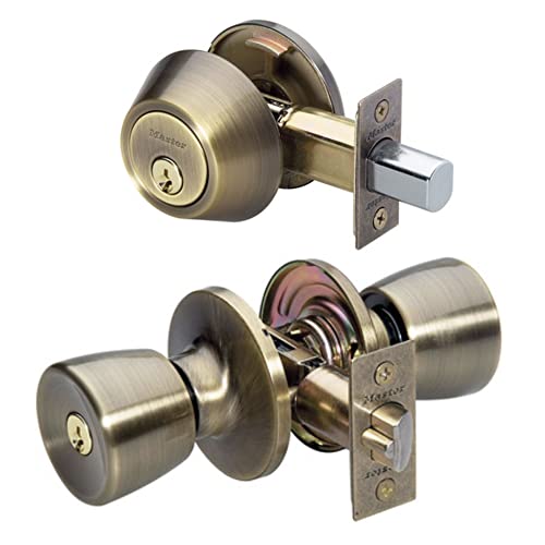 Master Lock Keyed Entry Door Lock, Single Cylinder Deadbolt with Matching Tulip Style Knob, Antique Brass, TUCO0605,Combo von Master Lock