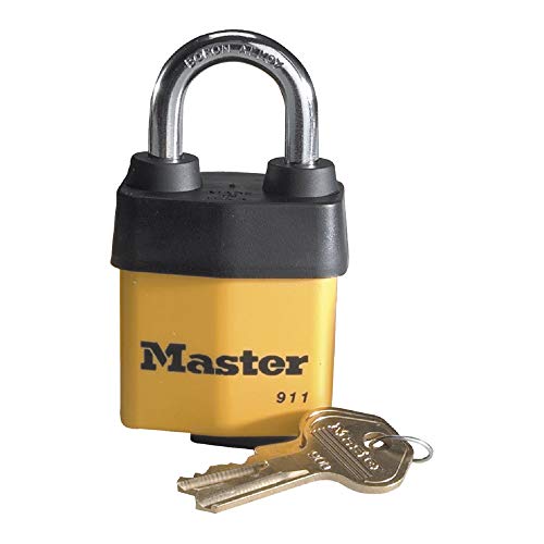 Master Lock Vorhängeschloss, verdecktes, laminiertes Stahlschloss, 5,4 cm breit, 911DPF Schwerlastschlüssel, gelb, 5,4 cm von Master Lock