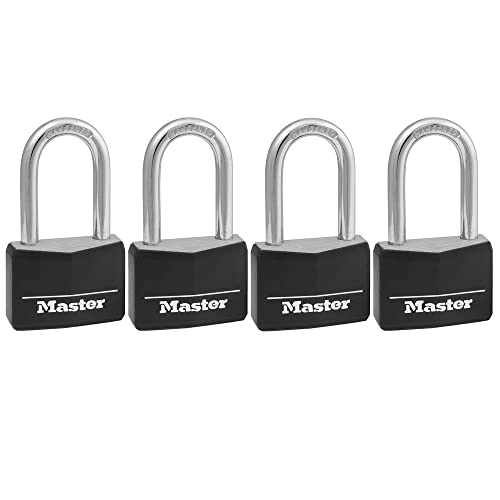 Master Lock Vorhängeschloss aus Aluminium mit Schlüssel, 141QLF, gleichschließend, Schwarz, 4 Stück von Master Lock
