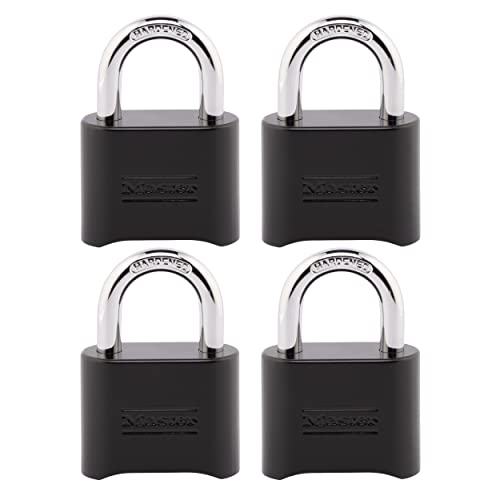 Master Lock Schwarzes Zahlenschloss, anpassbares Kombinationsvorhängeschloss, für Innen- und Außenbereich, wetterbeständiges Schloss mit zurücksetzbarem Code für Tore, Schließfächer, 4 Stück, 178EC4 von Master Lock