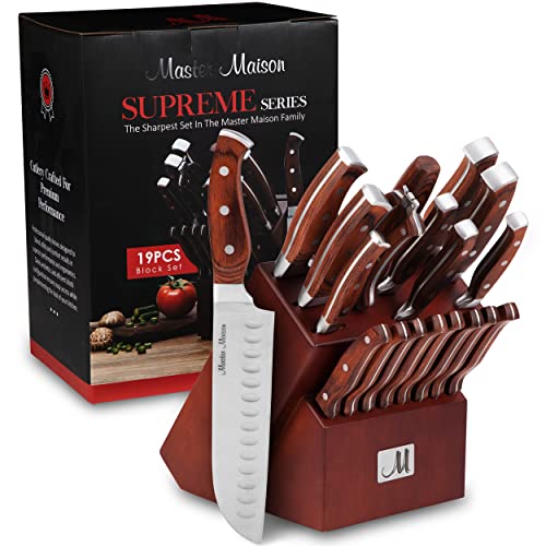 19-teiliges Premium Küchenmesser-Set mit Holzblock | Master Maison Besteck aus deutschem Edelstahl mit Messerschärfer und 8 Steakmessern von Master Maison