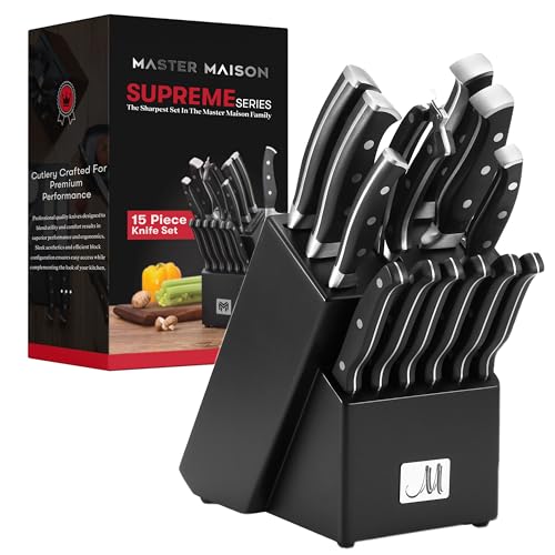 Master Maison 19-teiliges Premium-Küchenmesserblock-Set – Holzblock aus deutschem Edelstahlbesteck mit Messerschärfer und 8 Steakmessern – Messerset aus Edelstahl (schwarz) von Master Maison