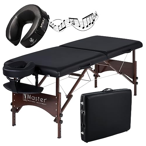 Master Massage 71cm Argo Mobil Massageliege Klappbar Massagebett Massagebank Tisch Portable Beauty Bed Walnussholzbeine und Tragetasche Paket Schwarz mit Musikkissen Lautpsprecher Bluetooth von Master Massage Equipment
