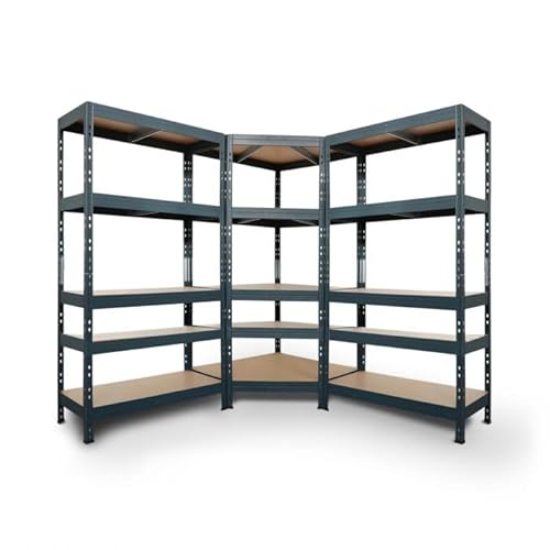 Regalsystem: 1 Eckregal 180x90x45x64,5cm und 2 Rivet Steckregale 180x90x45cm. 5 HDF- Böden, 250kg, anthrazitgrau von Master Regale