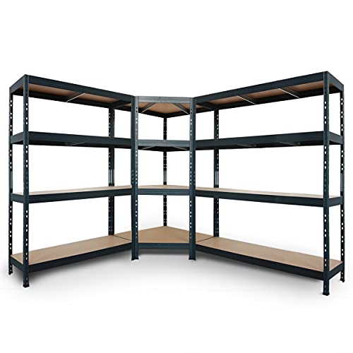 Rivet Schwerlastregal Regalsystem anthrazitgrau, 1 Eckregal (180x90x45x64,5cm, 250kg) und 2 Steckregale (180x120x45+180x150x45cm, 250kg) 4 HDF-Böden von Master Regale