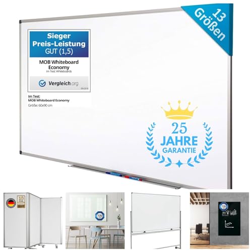 MOB Whiteboard Economy | Testnote 1,5 | schutzlackierte Magnettafel beschreibbar - im stabilen Alurahmen | als Magnetwand, Memoboard - 90x120cm von Master of Boards