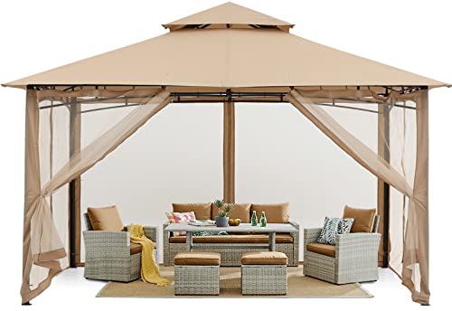 MASTERCANOPY 3 x 3,6 m Doppeldach Gartenpavillon Gartenlaube Pavillon mit 4 Netz für Garten, Hof, Khaki von MasterCanopy