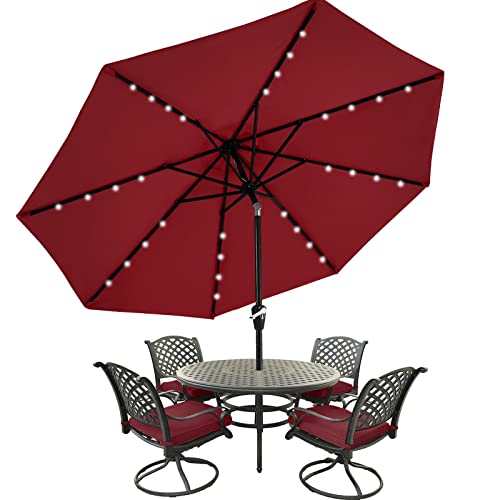 MasterCanopy 270 cm Sonnenschirm neigungsverstellbar, mit 32 Solar-LED, 8 Rippen und Kurbel, für Patio, Garten, Terrasse, Markt, Burgund von MasterCanopy