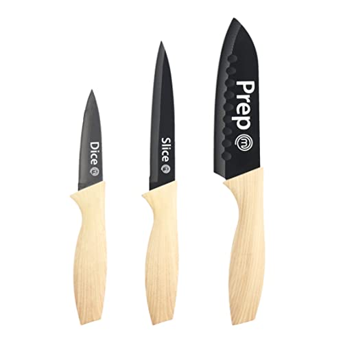 MasterChef Küchenmesser Set, Messerset ink. Kochmesser, Gemüsemesser & Schälmesser, Scharfe Messer Edelstahl, Antihaftbeschichtete, Soft-Touch-Griffe, Blau, 3-teilig von MasterChef