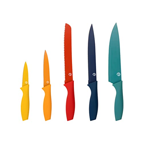 MasterChef Messer Set, Küchen Messerset ink. Kochmesser, Gemüsemesser, Schälmesser, Schneidemesser & Brotmesser, Scharfe Messer Edelstahl, Antihaftbeschichtete, Soft-Touch-Griffe, 5-teilig, Multicolor von MasterChef