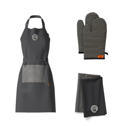 MasterChef 3er Set Geschirrtücher, Küchenschürze und Ofenhandschuhe Hitzebestaendig, Grau 100% Baumwolle mit Aufhängeschlaufen, Waschmaschinenfest, Elite Kolletion von MasterChef