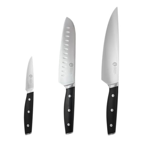 MasterChef Kochmesser Profi Messer aus Kohlenstoffreichem Edelstahl, aus Koch Messer, Santoku Messer & Gemüsemesser, Dreifach Vernieteter Griff, mit Stahl Kropf, Vollzapfen, Superscharf, 3-teilig von MasterChef