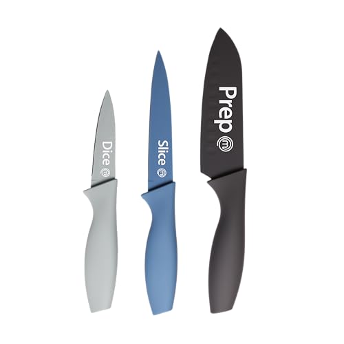 MasterChef Messerset, Küchenmesser Set ink. Kochmesser, Gemüsemesser & Schälmesser, Scharfe Messer Edelstahl, Antihaftbeschichtete, Soft-Touch-Griffe, 3-teilig, Blau, Captions von MasterChef
